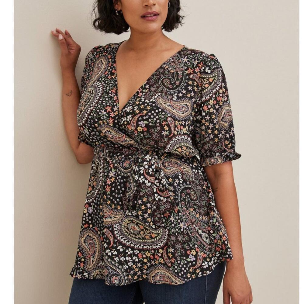 Torrid Black Floral Paisley Top Womens Size 3X Puff Sleeve Georgette Boho Blouse
